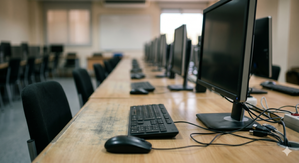 Aula de informática de una academia de formación online vacía y repleta de ordenadores de sobremesa